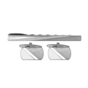 Plain Shiny & brushed Rhodium diagonal Cufflink & Tie Slide Set 60-1005