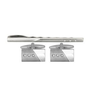 Brushed & shiny rhodium with 3-crystals Cufflink and Tie Slide Set 60-1013