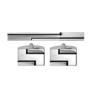 Brushed & shiny Rhodium with black line Cufflink and Tie Slide Set 60-1014 - Image 1