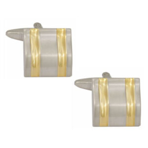 Rhodium Plated Square Cufflinks with Curved Face and Gold Plated lines 90-1306