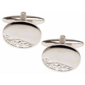 Oval Engraved Leaf Design Rhodium Plate Cufflinks 90-9009