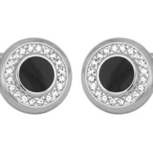 Ring of Clear Crystals with Black Acrylic Centre Rhodium Plated Cufflinks 90-1209 - Image 1