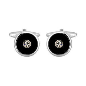 Round Black with Centre Crystal Rhodium Plated Cufflinks 90-1178 - Image 1
