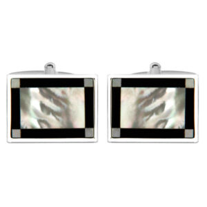Rectangular Mother of Pearl & Onyx Edge Band Rhodium Plated Cufflinks 90-1197