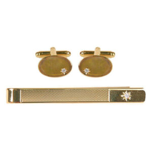 Cubic Zirconia Star Set Gold Plated Cufflink & Tie Slide Set 60-1023 - Image 1