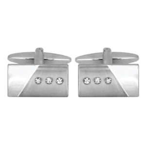Brushed/Shiny 3 Crystals Rectangular Rhodium Plated Cufflinks 90-1137 - Image 1