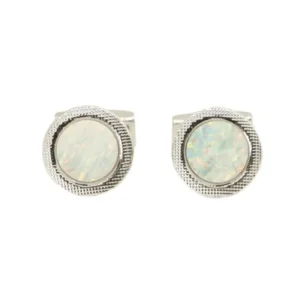 Opal Stone Round Rhodium Cufflinks 90-1120 - Image 1