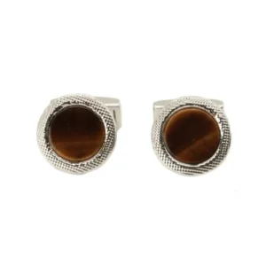 Tiger Eye Round Rhodium Cufflinks 90-1122 - Image 1